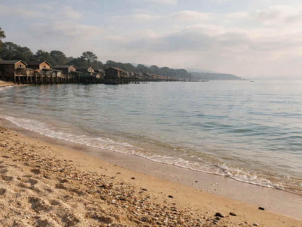 Plage de L’Herbe : rivage au premier plan, cabanes ostréicoles et bassin au fond, lumière naturelle.