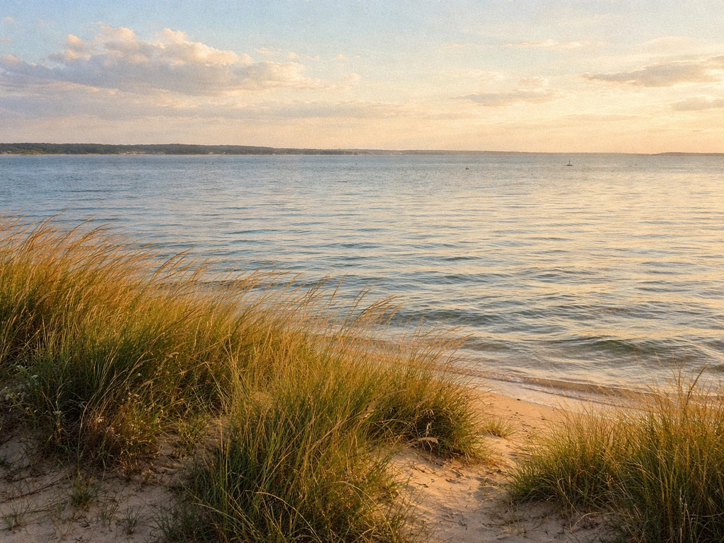 Paysage de L’Herbe au bassin d’Arcachon, herbes et lumière dorée, rendu pictural réaliste.