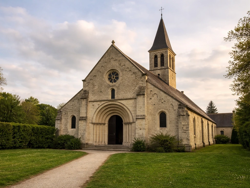 Façade de l’église Saint-Germain à Saint-Germain-la-Blanche-Herbe près de Caen, vue extérieure.
