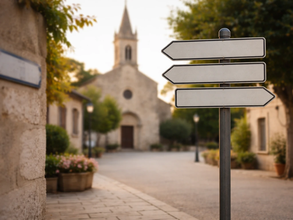 Place calme avec une église au fond et un panneau de rue flou pour vérifier l’emplacement exact.
