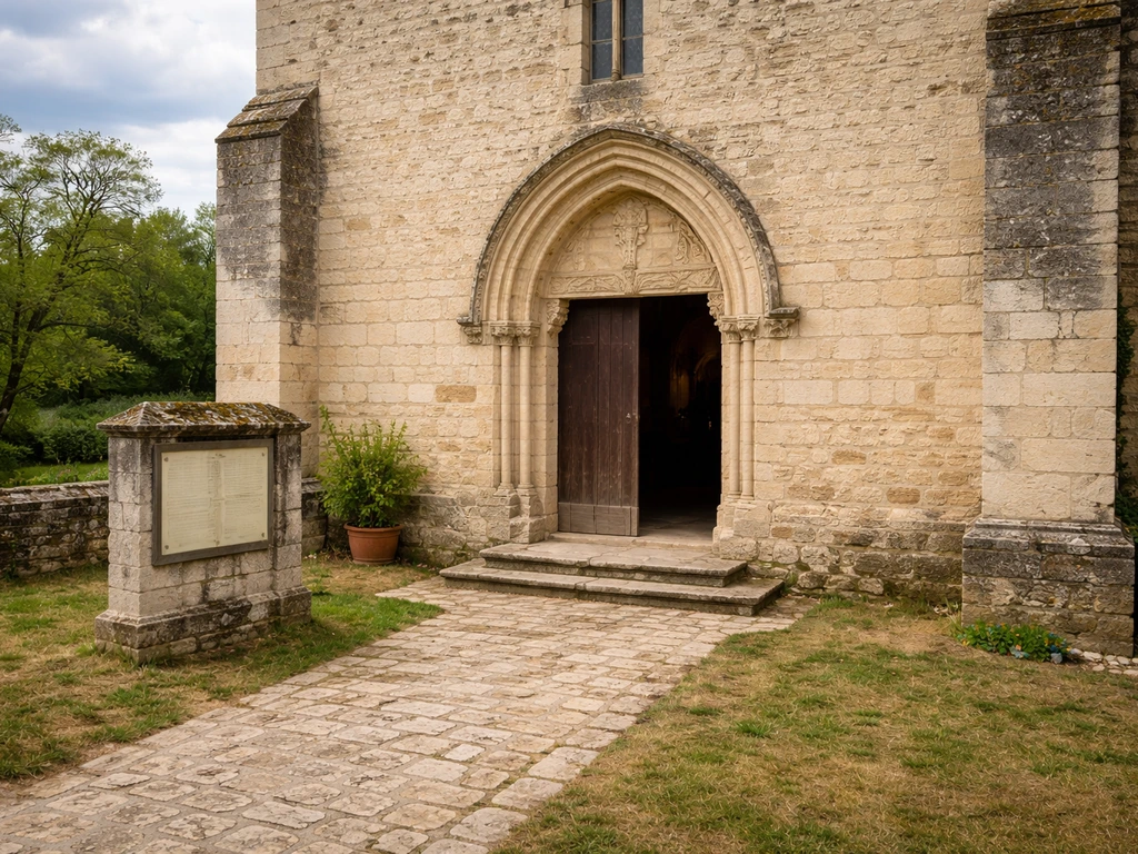 Parvis d’une vieille église française avec portail et signalétique discrète avant l’entrée.