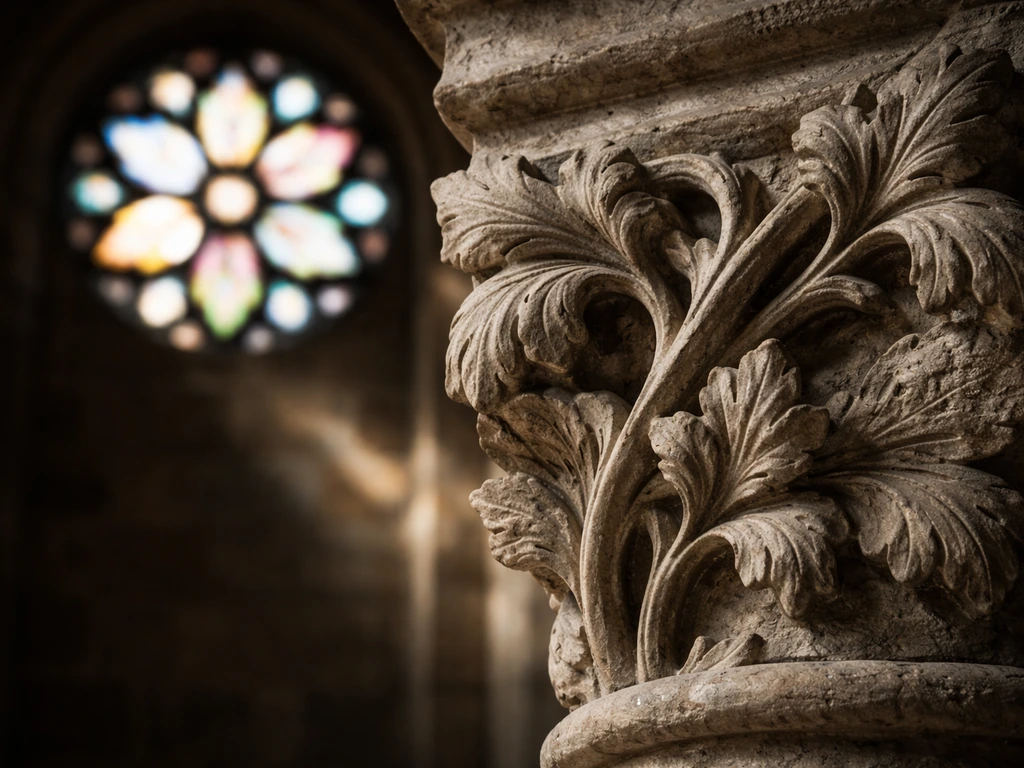 Gros plan sur des motifs végétaux sculptés et la lueur d’un vitrail dans une église.