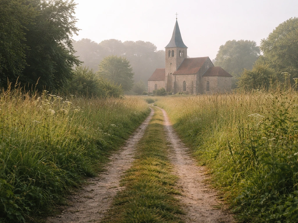 Chemin verdoyant menant à l’église de Saint-Germain-la-Blanche-Herbe, avec herbes et lumière douce