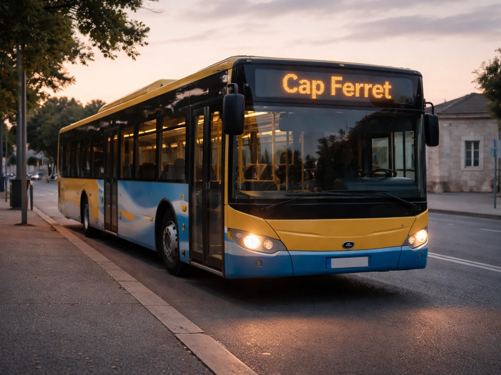 Bus régional prêt à partir, avec panneau « Cap Ferret », sur un quai calme du secteur de Bordeaux.