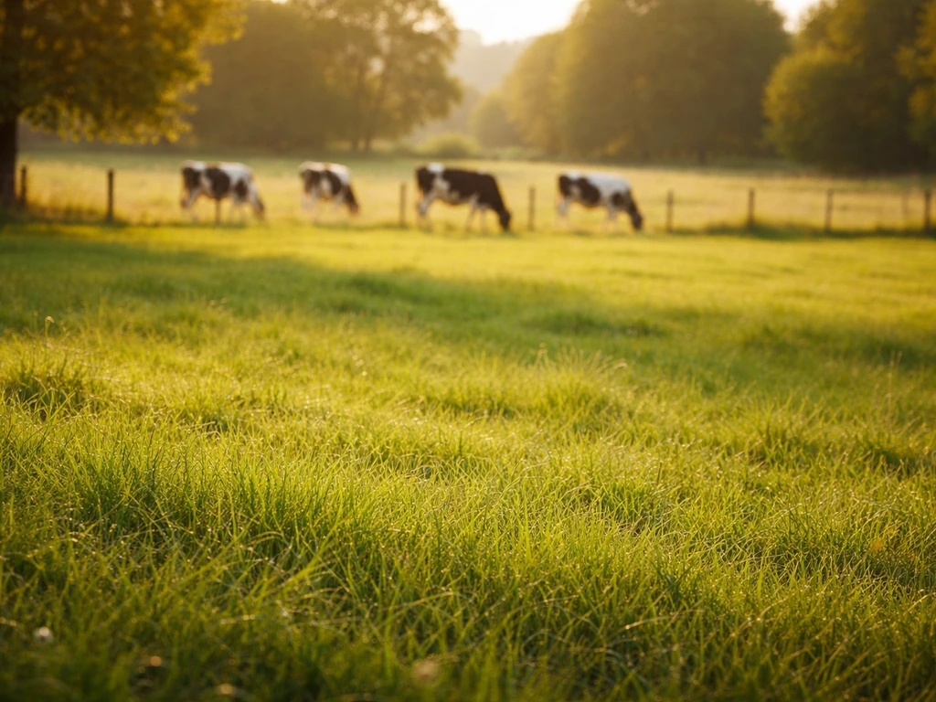 Prairie verdoyante au premier plan avec vaches au loin dans un cadre d’élevage, lumière dorée.