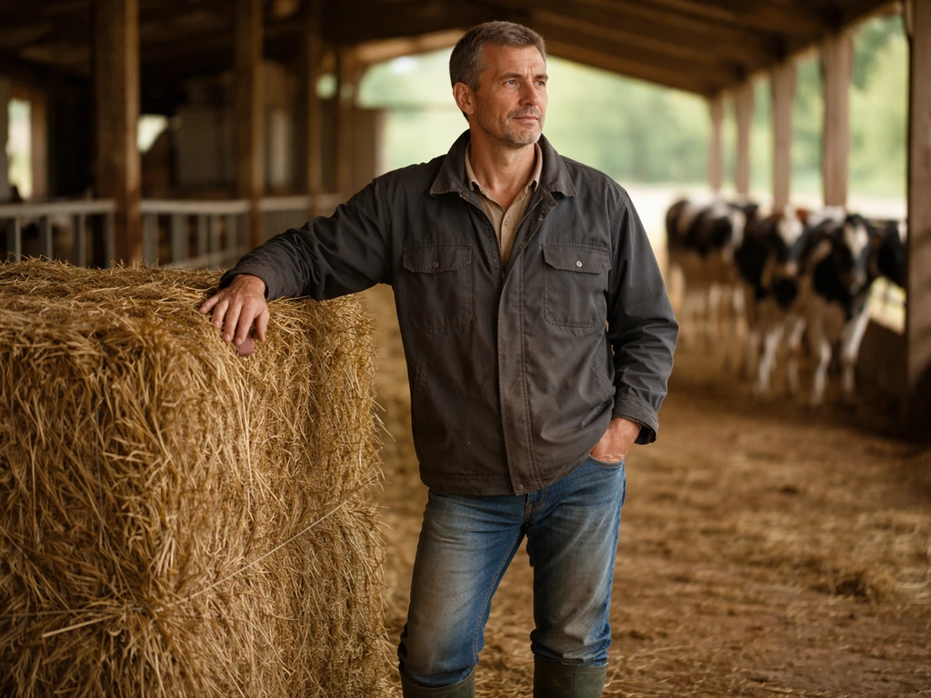 Agronome éleveur dans une ferme, ambiance rurale avec bottes et bottes de foin, vaches en arrière-plan flou.