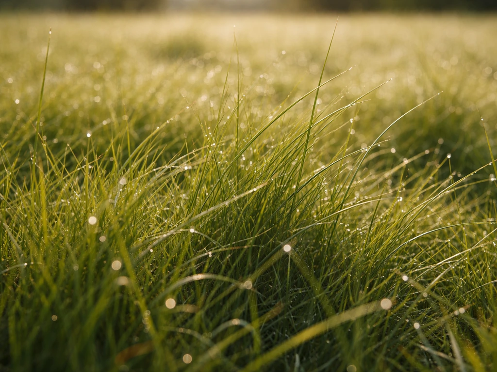 Gros plan d’une prairie française : brins d’herbe détaillés, lumière naturelle et légère rosée.