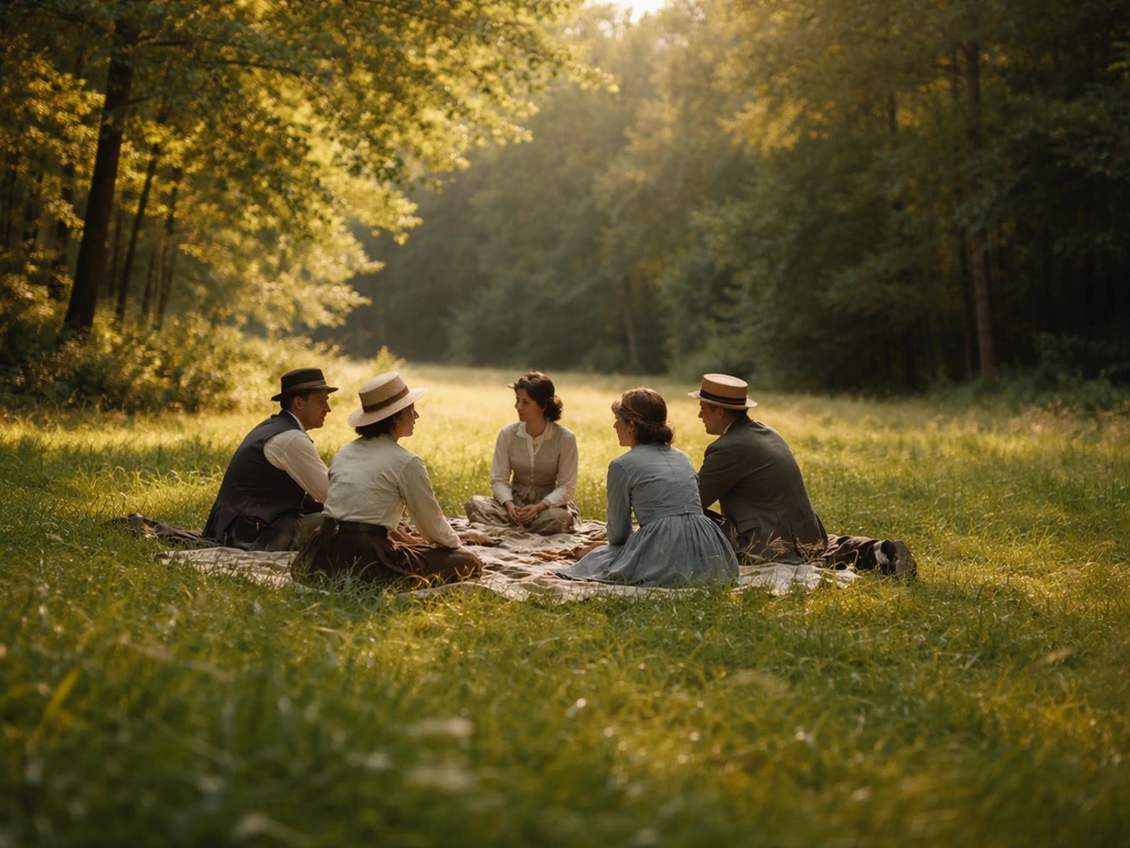Près d’une prairie verte en lumière douce, scène sociale discrète au loin, ambiance impressionniste à la Manet
