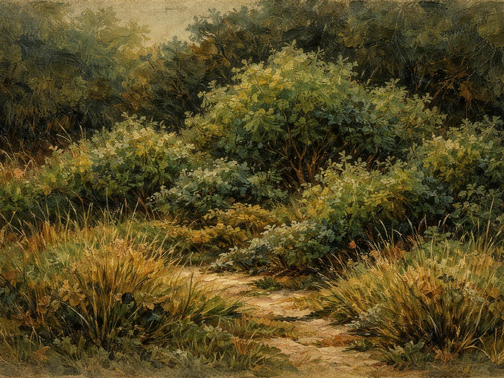 Détail réaliste d’une peinture inspirée de Cézanne : herbes vertes denses, structurées comme une architecture.