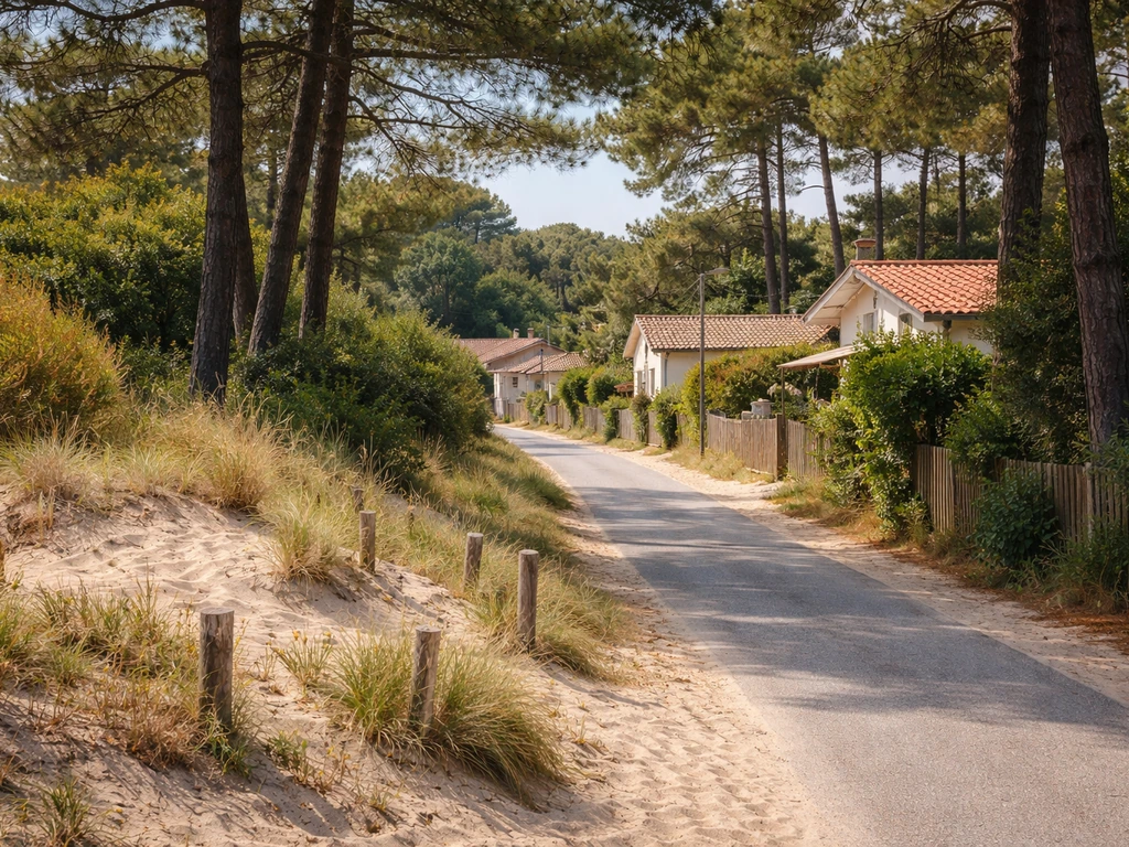 Rue bordée de végétation et dunes dans le village de l’Herbe au Cap Ferret, ambiance côtière calme.