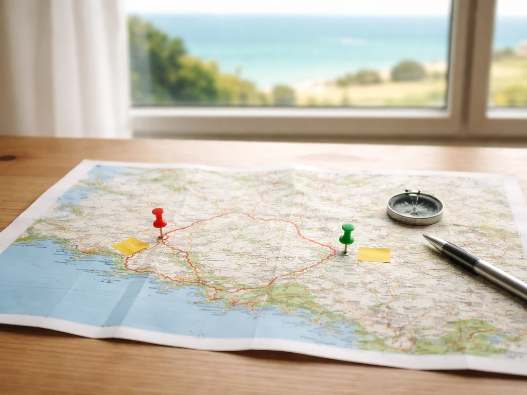 Carte routière ouverte sur table à côté d’un stylo, vue partielle mer et indices pour un itinéraire à Ploemeur.