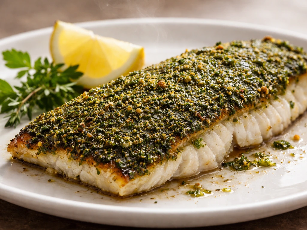Gros plan appétissant d’un filet de bar en croûte d’herbe croustillante, herbes vertes bien adhérentes, assiette simple.