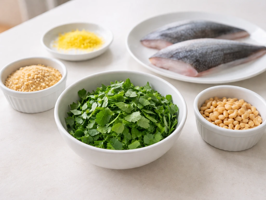 Ingrédients prêts : filets de bar, persil et basilic, chapelure, pignons et zeste de citron sur une table.