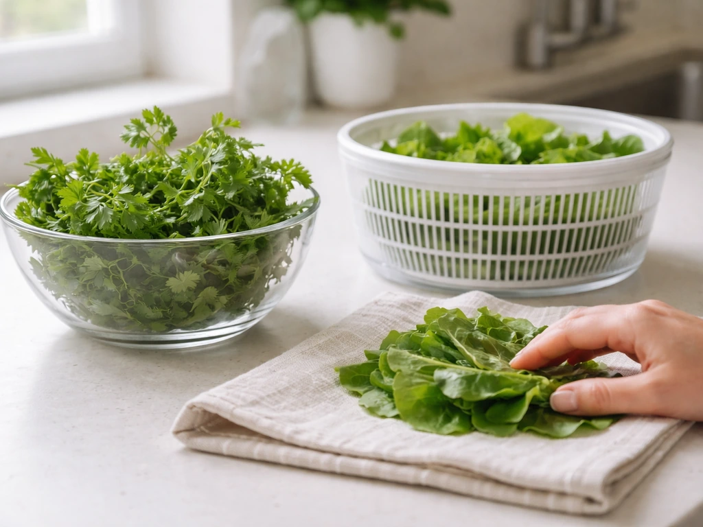 Herbes vertes lavées et séchées soigneusement, dans une cuisine, prêtes à être mixées.