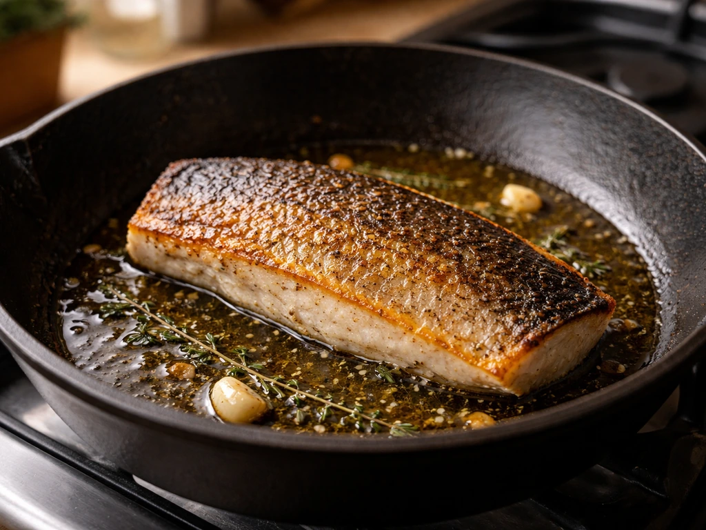 Filet de poisson à la peau dorée en train de saisir dans une poêle allant au four, juste avant l’enfournement.